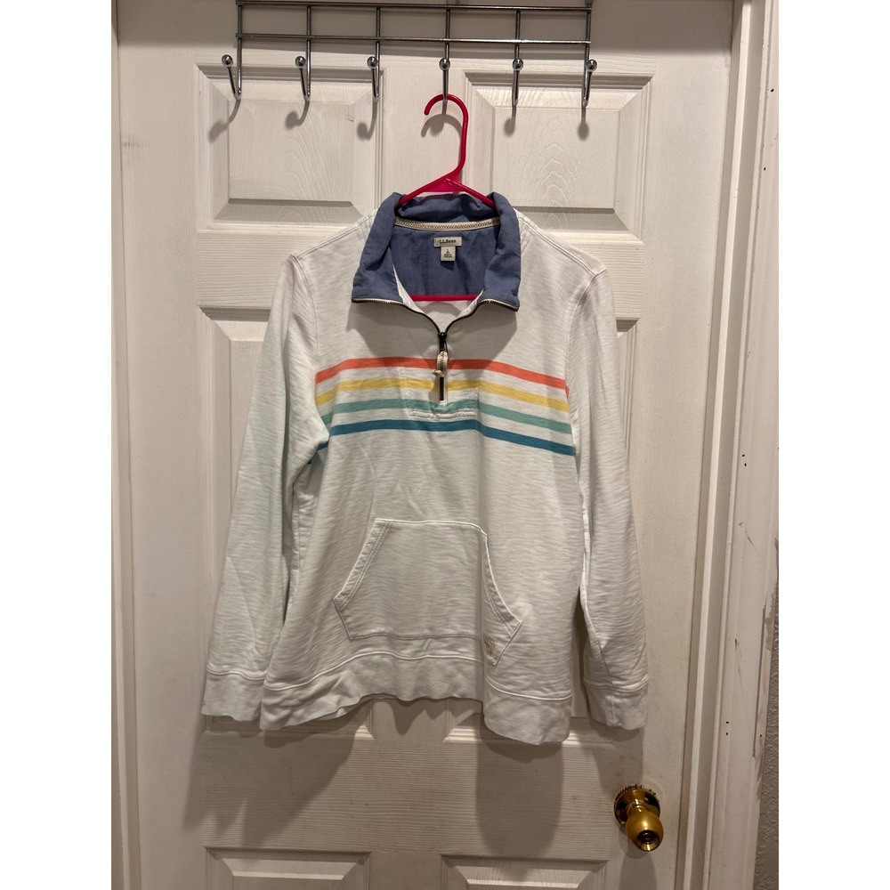 LL Bean Womens White Organic Cotton Rainbow Stripe Quarter Zip Pullover Large